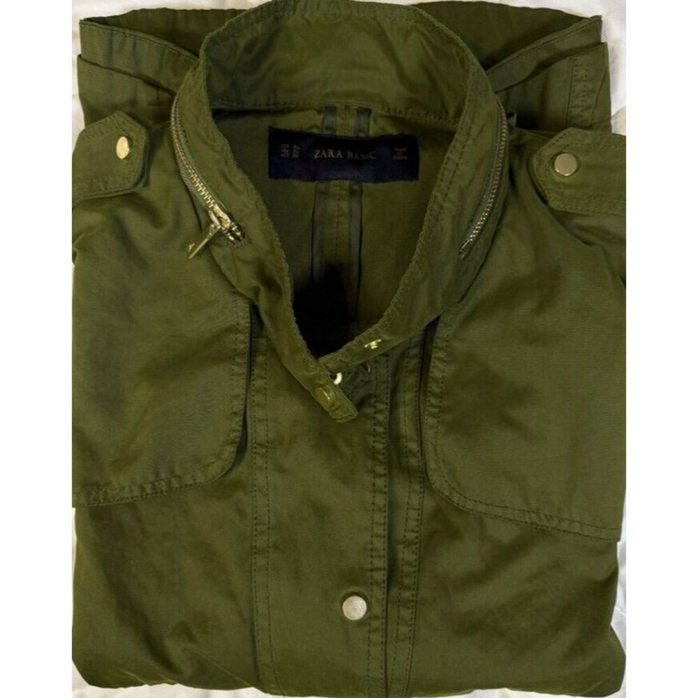 Zara Basic Ladies XL Green Military Jacket Snap Front Pockets‎ Faux Hood Zip